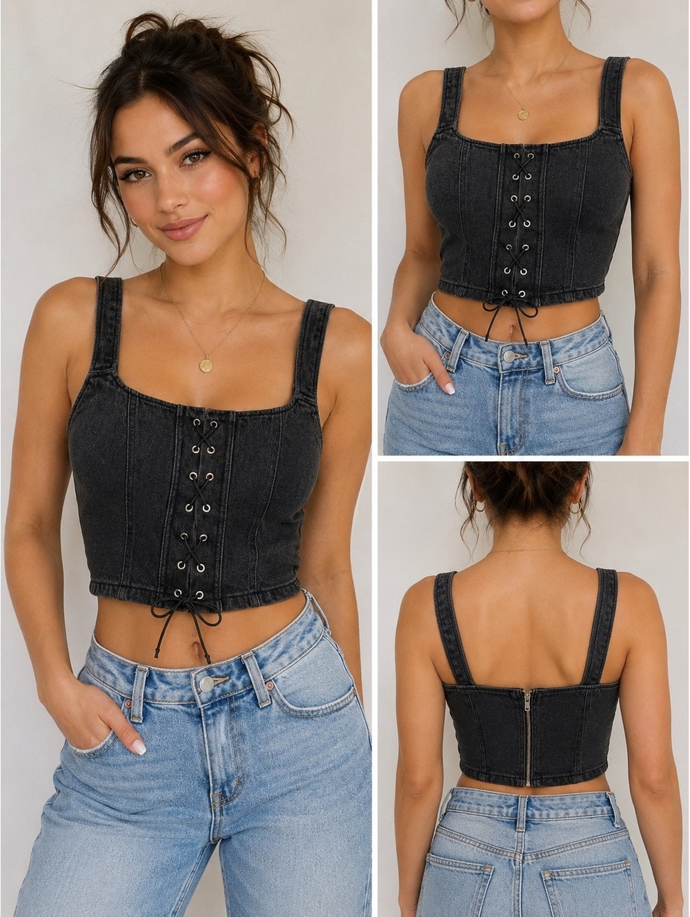 Wild Fable Women’s Large Black Denim Corset Crop Top Lace Up Y2K Grunge